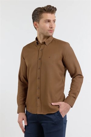 Koyu Kahverengi Perfetto Düğmeli Yaka Uzun Kol Cepsiz Slim Fit Cls Gömlek 1004255173