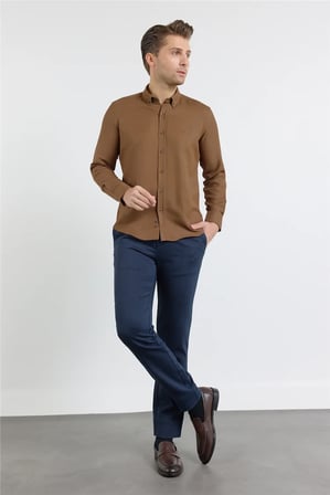 Koyu Kahverengi Perfetto Düğmeli Yaka Uzun Kol Cepsiz Slim Fit Cls Gömlek 1004255173
