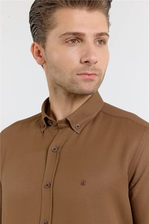 Koyu Kahverengi Perfetto Düğmeli Yaka Uzun Kol Cepsiz Slim Fit Cls Gömlek 1004255173