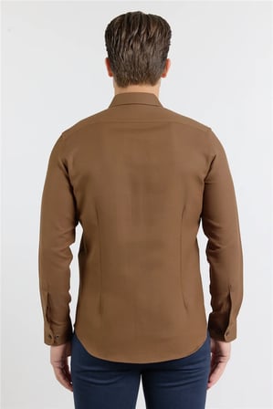 Koyu Kahverengi Perfetto Düğmeli Yaka Uzun Kol Cepsiz Slim Fit Cls Gömlek 1004255173