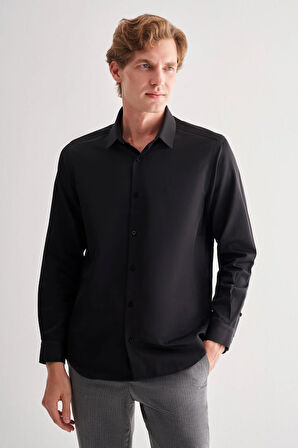Siyah Sert Yaka Uzun Kol Slim Fit Pamuklu Gömlek 1004255175