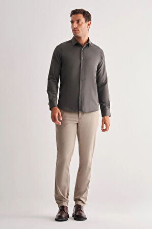 Haki Sert Yaka Uzun Kol Slim Fit Pamuklu Gömlek 1004255175