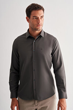 Haki Sert Yaka Uzun Kol Slim Fit Pamuklu Gömlek 1004255175