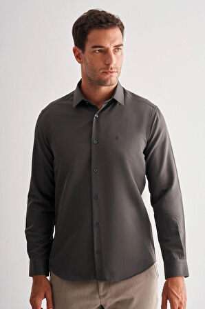 Haki Sert Yaka Uzun Kol Slim Fit Pamuklu Gömlek 1004255175