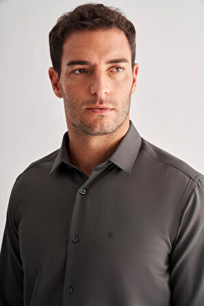 Haki Sert Yaka Uzun Kol Slim Fit Pamuklu Gömlek 1004255175