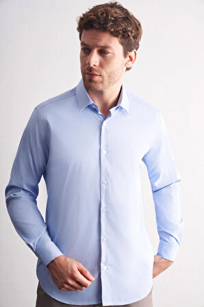 Mavi - Beyaz Sert Yaka Çizgili Desen Uzun Kol Slim Fit Esnek Gömlek 1004255176