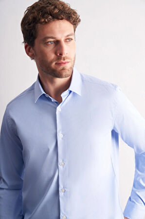 Mavi - Beyaz Sert Yaka Çizgili Desen Uzun Kol Slim Fit Esnek Gömlek 1004255176