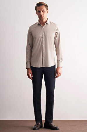 Bej-Beyaz Sert Yaka Çizgili Desen Uzun Kol Slim Fit Esnek Gömlek 1004255176