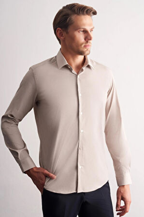 Bej-Beyaz Sert Yaka Çizgili Desen Uzun Kol Slim Fit Esnek Gömlek 1004255176