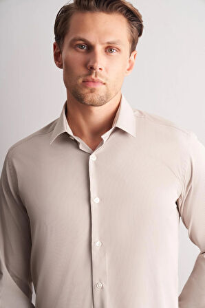 Bej-Beyaz Sert Yaka Çizgili Desen Uzun Kol Slim Fit Esnek Gömlek 1004255176