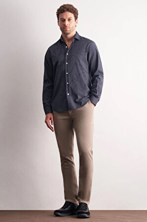 Lacivert - Beyaz Yarım İtalyan Yaka Çizgili Desen Uzun Kol Slim Fit Pamuklu Gömlek 1004255179