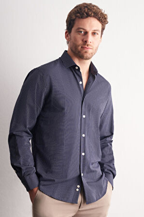 Lacivert - Beyaz Yarım İtalyan Yaka Çizgili Desen Uzun Kol Slim Fit Pamuklu Gömlek 1004255179