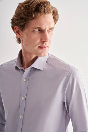 Gri Yarım İtalyan Yaka Uzun Kol Slim Fit Pamuklu Gömlek 1004255180