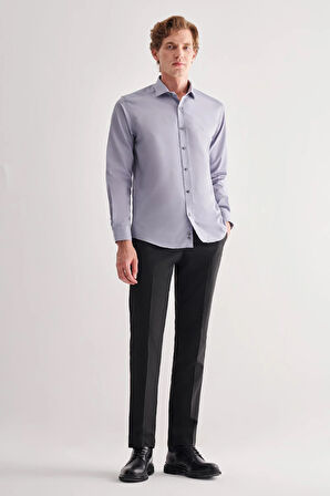 Koyu Gri Yarım İtalyan Yaka Uzun Kol Slim Fit Pamuklu Gömlek 1004255180