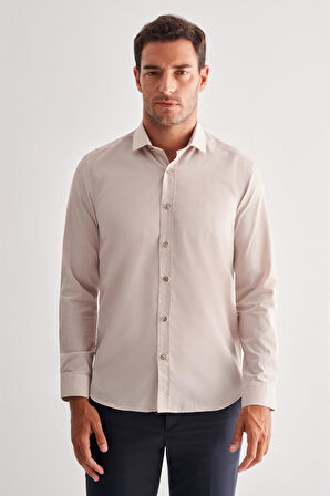 Koyu Bej Yarım İtalyan Yaka Uzun Kol Slim Fit Pamuklu Gömlek 1004255180