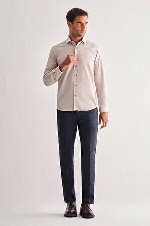 Koyu Bej Yarım İtalyan Yaka Uzun Kol Slim Fit Pamuklu Gömlek 1004255180