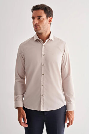 Koyu Bej Yarım İtalyan Yaka Uzun Kol Slim Fit Pamuklu Gömlek 1004255180