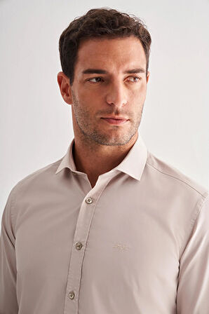 Koyu Bej Yarım İtalyan Yaka Uzun Kol Slim Fit Pamuklu Gömlek 1004255180