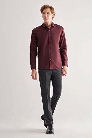 Bordo Yarım İtalyan Yaka Uzun Kol Slim Fit Pamuklu Gömlek 1004255180