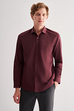 Bordo Yarım İtalyan Yaka Uzun Kol Slim Fit Pamuklu Gömlek 1004255180