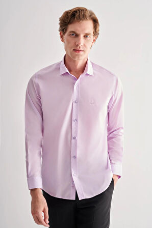 Lila Yarım İtalyan Yaka Uzun Kol Slim Fit Pamuklu Gömlek 1004255180