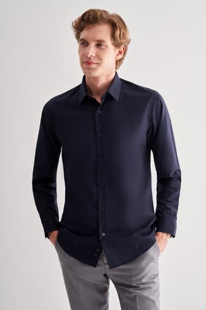 Koyu Lacivert Sert Yaka Filafil Desen Uzun Kol Slim Fit Pamuklu Gömlek 1004255181