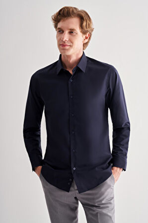 Koyu Lacivert Sert Yaka Filafil Desen Uzun Kol Slim Fit Pamuklu Gömlek 1004255181