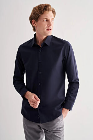 Koyu Lacivert Sert Yaka Filafil Desen Uzun Kol Slim Fit Pamuklu Gömlek 1004255181