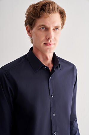 Koyu Lacivert Sert Yaka Filafil Desen Uzun Kol Slim Fit Pamuklu Gömlek 1004255181