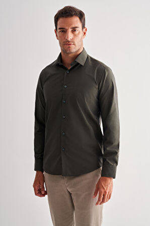 Haki Sert Yaka Filafil Desen Uzun Kol Slim Fit Pamuklu Gömlek 1004255181