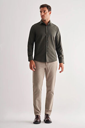 Haki Sert Yaka Filafil Desen Uzun Kol Slim Fit Pamuklu Gömlek 1004255181