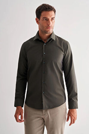 Haki Sert Yaka Filafil Desen Uzun Kol Slim Fit Pamuklu Gömlek 1004255181