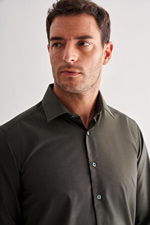 Haki Sert Yaka Filafil Desen Uzun Kol Slim Fit Pamuklu Gömlek 1004255181