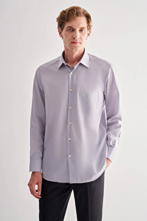 Gri Sert Yaka Uzun Kol Easy To Iron Comfort Fit Pamuklu Gömlek 1004255182