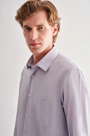 Gri Sert Yaka Uzun Kol Easy To Iron Comfort Fit Pamuklu Gömlek 1004255182