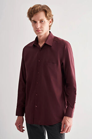 Bordo Sert Yaka Uzun Kol Easy To Iron Comfort Fit Pamuklu Gömlek 1004255182
