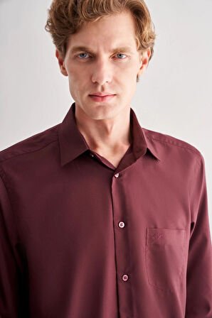 Bordo Sert Yaka Uzun Kol Easy To Iron Comfort Fit Pamuklu Gömlek 1004255182