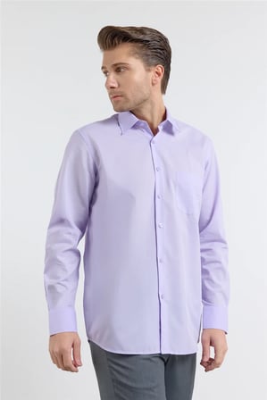 Açık Lila Sert Yaka Uzun Kol Easy To Iron Comfort Fit Pamuklu Gömlek 1004255182