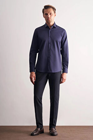 Lacivert Yarım İtalyan Yaka Saten Uzun Kol Slim Fit %100 Pamuk Gömlek 1004255188