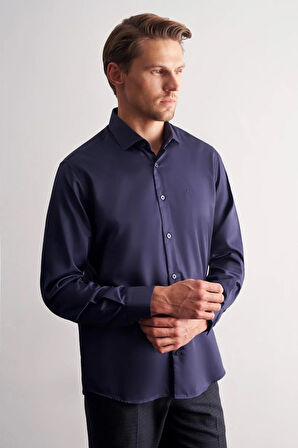 Lacivert Yarım İtalyan Yaka Saten Uzun Kol Slim Fit %100 Pamuk Gömlek 1004255188