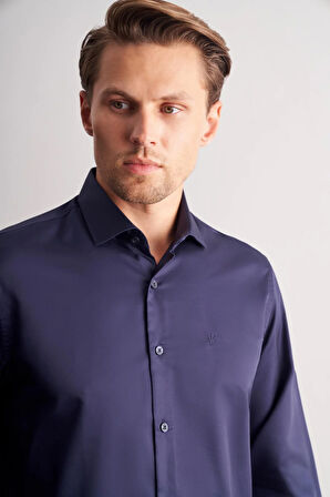 Lacivert Yarım İtalyan Yaka Saten Uzun Kol Slim Fit %100 Pamuk Gömlek 1004255188