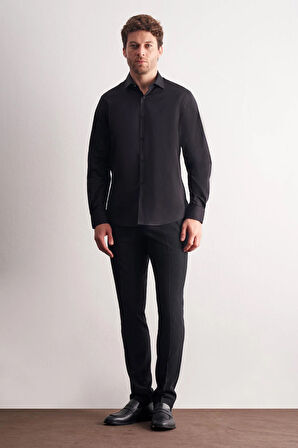 Siyah Yarım İtalyan Yaka Uzun Kol Slim Fit Pamuklu Gömlek 1004255189