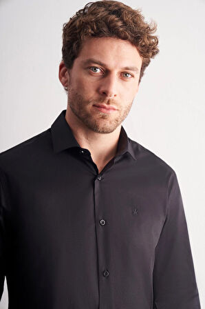 Siyah Yarım İtalyan Yaka Uzun Kol Slim Fit Pamuklu Gömlek 1004255189