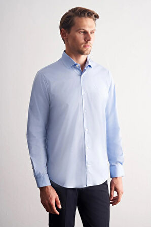 Mavi Yarım İtalyan Yaka Uzun Kol Slim Fit Pamuklu Gömlek 1004255189