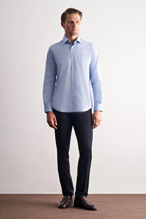 Mavi Yarım İtalyan Yaka Uzun Kol Slim Fit Pamuklu Gömlek 1004255189