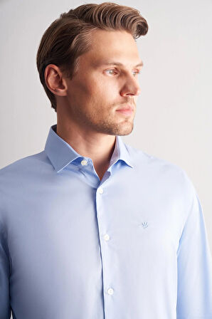 Mavi Yarım İtalyan Yaka Uzun Kol Slim Fit Pamuklu Gömlek 1004255189