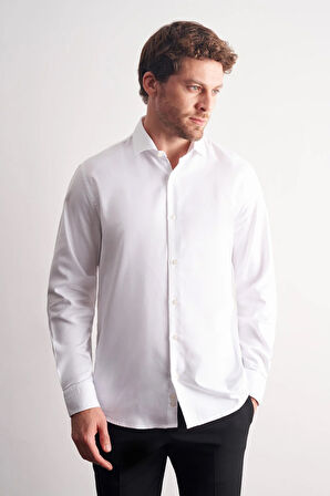 Beyaz Yarım İtalyan Yaka Kendinden Desenli Uzun Kol Premium Slim Fit %100 Pamuk Gömlek 1004255193