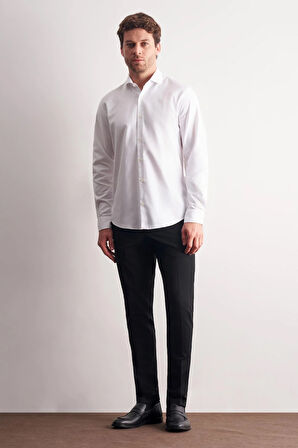 Beyaz Yarım İtalyan Yaka Kendinden Desenli Uzun Kol Premium Slim Fit %100 Pamuk Gömlek 1004255193