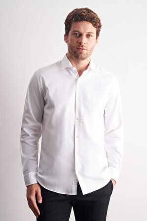 Beyaz Yarım İtalyan Yaka Kendinden Desenli Uzun Kol Premium Slim Fit %100 Pamuk Gömlek 1004255193
