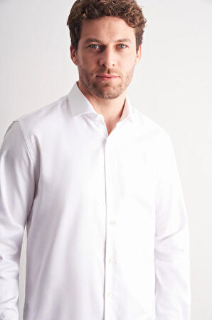 Beyaz Yarım İtalyan Yaka Kendinden Desenli Uzun Kol Premium Slim Fit %100 Pamuk Gömlek 1004255193